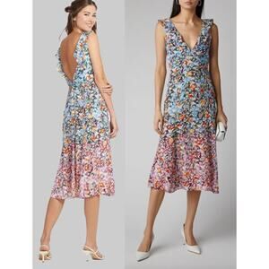 SALONI Blue Pink Floral Midi Dress